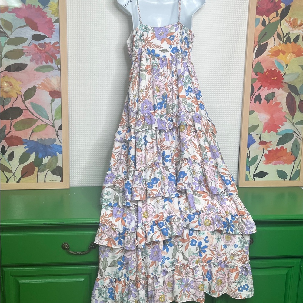 White Tiered Floral Print Maxi Dress Adjustable Spaghetti Straps Size Large - Picture 12 of 13